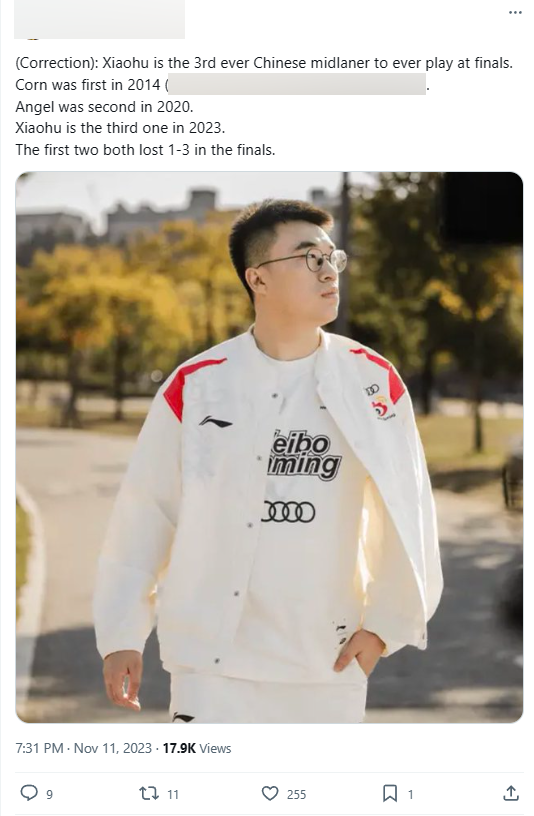 Xiaohu sẽ là đường giữa người Trung thứ 3 đặt chân vào một trận chung kết của một kỳ CKTG Xiaohu sẽ là đường giữa người Trung thứ 3 đặt chân vào một trận chung kết của một kỳ CKTG