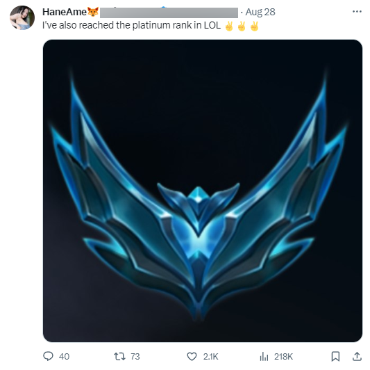 HaneAme từng đạt mức rank Bạch Kim