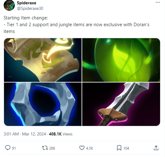 Spderaxe (chuyên gia và rất nổi tiếng trong giới săn tin LMHT và sở hữu chuyên trang LoL Wiki) cho biết Riot sẽ cấm Rừng cũng như Hỗ Trợ lên Kiếm Doran đầu game