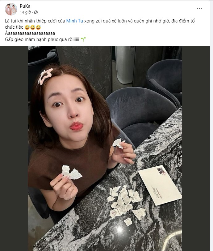 Puka vừa nhận thiệp cưới Minh Tú liền xé ngay, đăng đàn cầu cứu vì lý do này- Ảnh 1. Puka vừa nhận thiệp cưới Minh Tú liền xé ngay, đăng đàn cầu cứu vì lý do này- Ảnh 1.