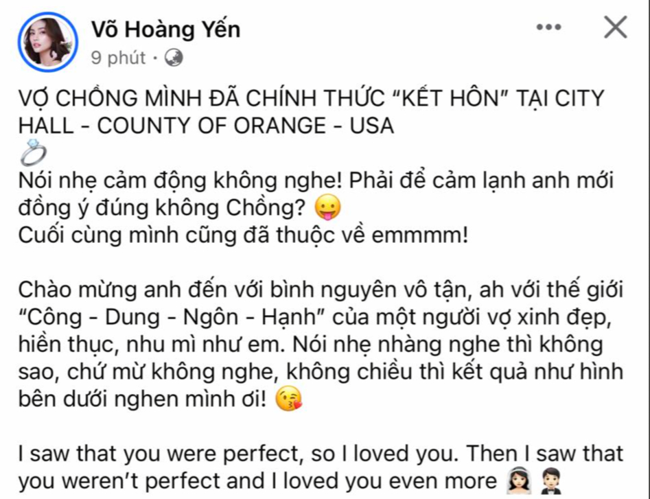 Võ Hoàng Yến tuyên bố kết hôn kèm lời nhắn bá đạo tới chồng: Nhẹ không nghe, phải cảm lạnh mới đồng ý- Ảnh 1.