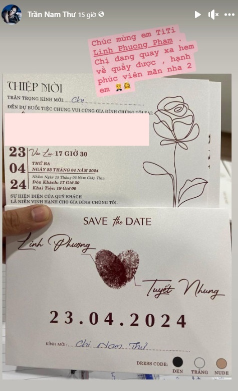 Sau liên hoàn ồn ào "ô dề" tại hôn lễ đồng nghiệp, Nam Thư không đến đám cưới TiTi: Nguyên nhân do đâu?- Ảnh 1. Sau liên hoàn ồn ào "ô dề" tại hôn lễ đồng nghiệp, Nam Thư không đến đám cưới TiTi: Nguyên nhân do đâu?- Ảnh 1.
