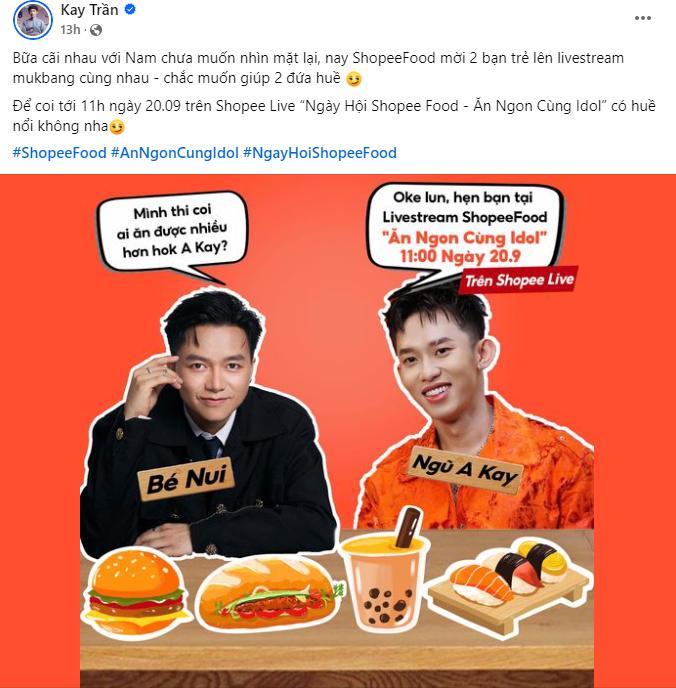 Trước thềm công diễn, bộ đôi anh tài Kay Trần - Bùi Công Nam "đánh lẻ" livestream mukbang phá đảo ShopeeFood- Ảnh 2. Trước thềm công diễn, bộ đôi anh tài Kay Trần - Bùi Công Nam "đánh lẻ" livestream mukbang phá đảo ShopeeFood- Ảnh 2.