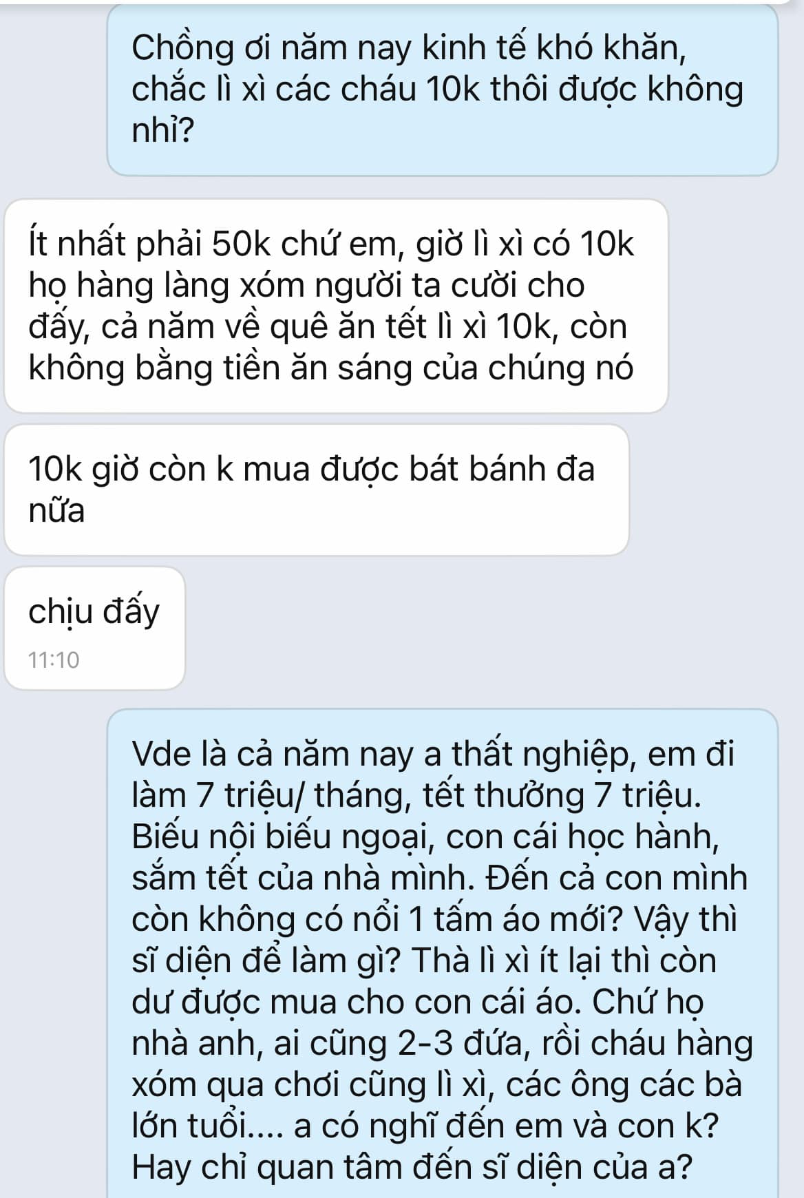 Bế tắc vì chồng sĩ diện, đòi lì xì họ hàng 50k dù không mua nổi cho con cái áo, đoạn chat gây bức xúc- Ảnh 2.