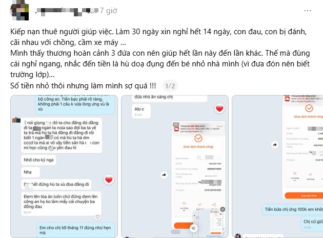 “Kiếp nạn” thuê người giúp việc dậy sóng MXH: Làm 30 ngày nghỉ 14 ngày, vay tiền không trả còn dọa hại con chủ nhà!- Ảnh 1. “Kiếp nạn” thuê người giúp việc dậy sóng MXH: Làm 30 ngày nghỉ 14 ngày, vay tiền không trả còn dọa hại con chủ nhà!- Ảnh 1.
