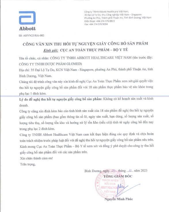 Lý do Abbott Healthcare Việt Nam chủ động  thu hồi công bố sản phẩm- Ảnh 1.