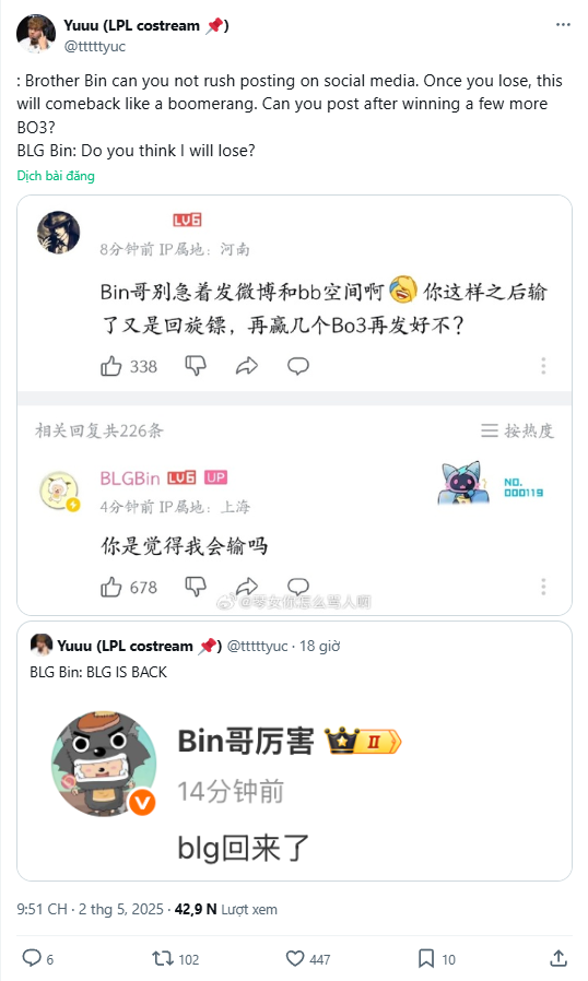 Bin tuyên bố "BLG đã trở lại" trên trang Weibo cá nhân, bị fan góp ý thì anh sẵn sàng phản pháo Bin tuyên bố "BLG đã trở lại" trên trang Weibo cá nhân, bị fan góp ý thì anh sẵn sàng phản pháo