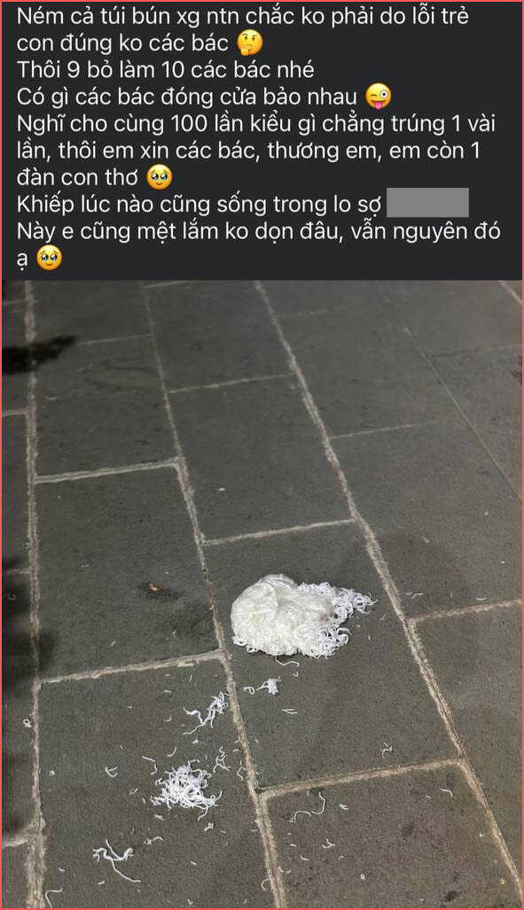 Đang đi dạo ở sân chung cư bị bịch bún rơi trúng người, mẹ bỉm hoảng hồn nhưng vẫn tự nhủ "còn may chán!"- Ảnh 2.