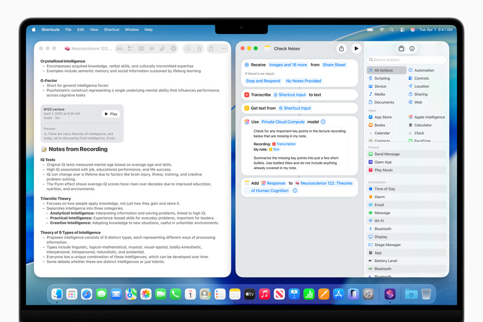 Phím Tắt được tăng cường sức mạnh nhờ Apple Intelligence, giúp người dùng có thể trực tiếp sử dụng các mô hình Apple Intelligence, trên thiết bị hoặc với Điện Toán Đám Mây Riêng, để tạo ra các phản hồi đưa vào phần còn lại của phím tắt