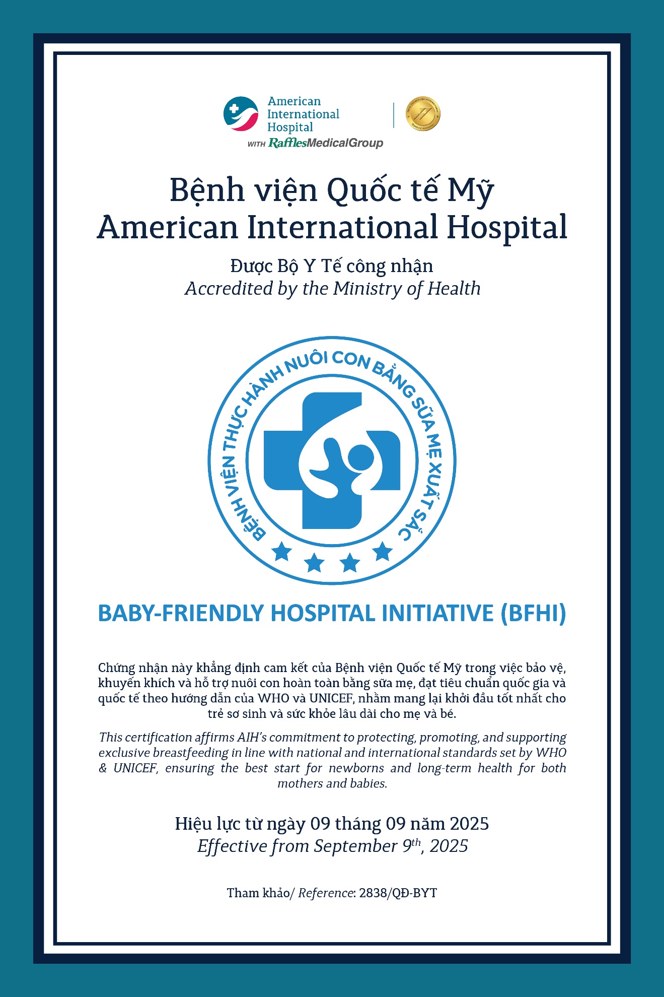 Bệnh viện Quốc tế Mỹ (AIH) chính thức đạt danh hiệu “Bệnh viện thực hành nuôi con bằng sữa mẹ xuất sắc”- Ảnh 1.