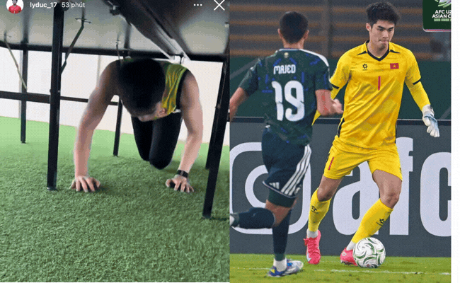 Sao thủ môn hotboy Trần Trung Kiên U23 Việt Nam phải chui gầm bàn thế này!- Ảnh 1.