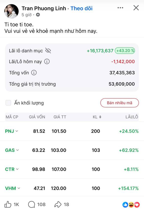 Một ca sĩ Vbiz khoe lãi 16 triệu nhờ chứng khoán, thừa nhận "chỉ đầu tư vui thôi", hẹn 10 năm nữa "mới sờ vào”- Ảnh 1.