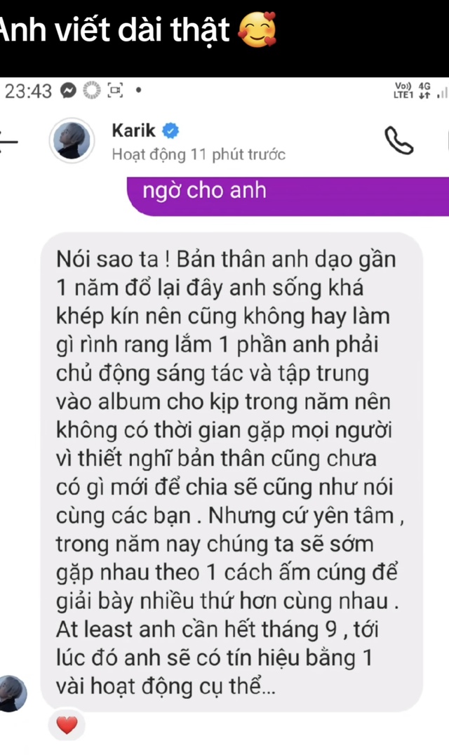 Lộ đoạn chat Karik thừa nhận đã sống khép kín giữa lúc gây lo lắng vì những khoảnh khắc mệt mỏi, đi đứng loạng choạng - Ảnh 5.