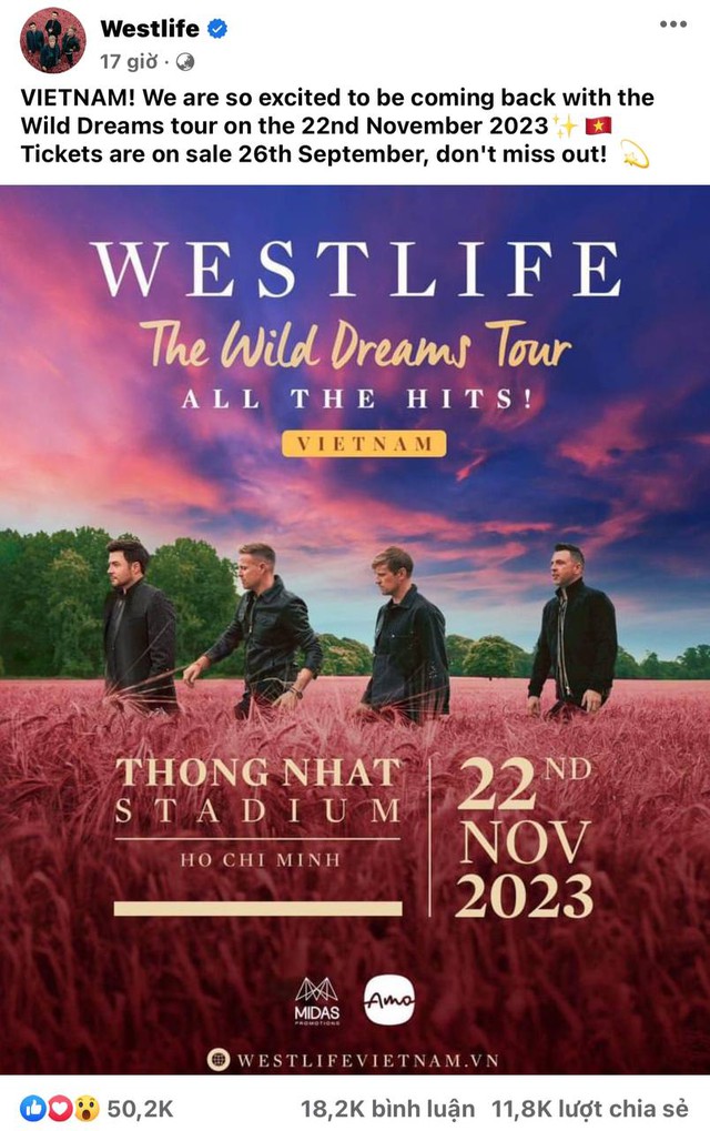 Poster thông báo Westlife tổ chức tour tại Việt Nam đạt tương tác khủng, 2 thị trường tỉ dân gộp lại cũng thua xa! - Ảnh 2.