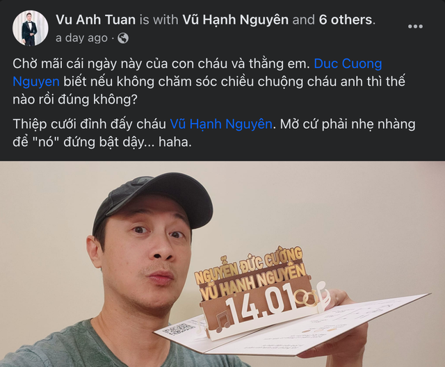 MC Anh Tuấn, Tuấn Hưng khoe thiệp cưới của Vũ Hạnh Nguyên - Nguyễn Đức Cường, gửi lời "dằn mặt" chú rể- Ảnh 2. MC Anh Tuấn, Tuấn Hưng khoe thiệp cưới của Vũ Hạnh Nguyên - Nguyễn Đức Cường, gửi lời "dằn mặt" chú rể- Ảnh 2.