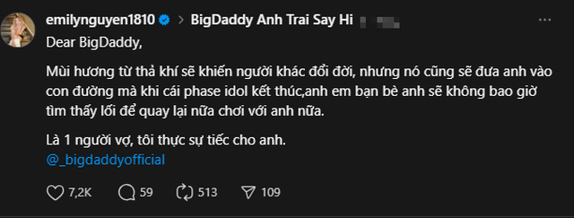 Emily nhắn BigDaddy: Là 1 người vợ, tôi thật sự tiếc cho anh!- Ảnh 1. Emily nhắn BigDaddy: Là 1 người vợ, tôi thật sự tiếc cho anh!- Ảnh 1.