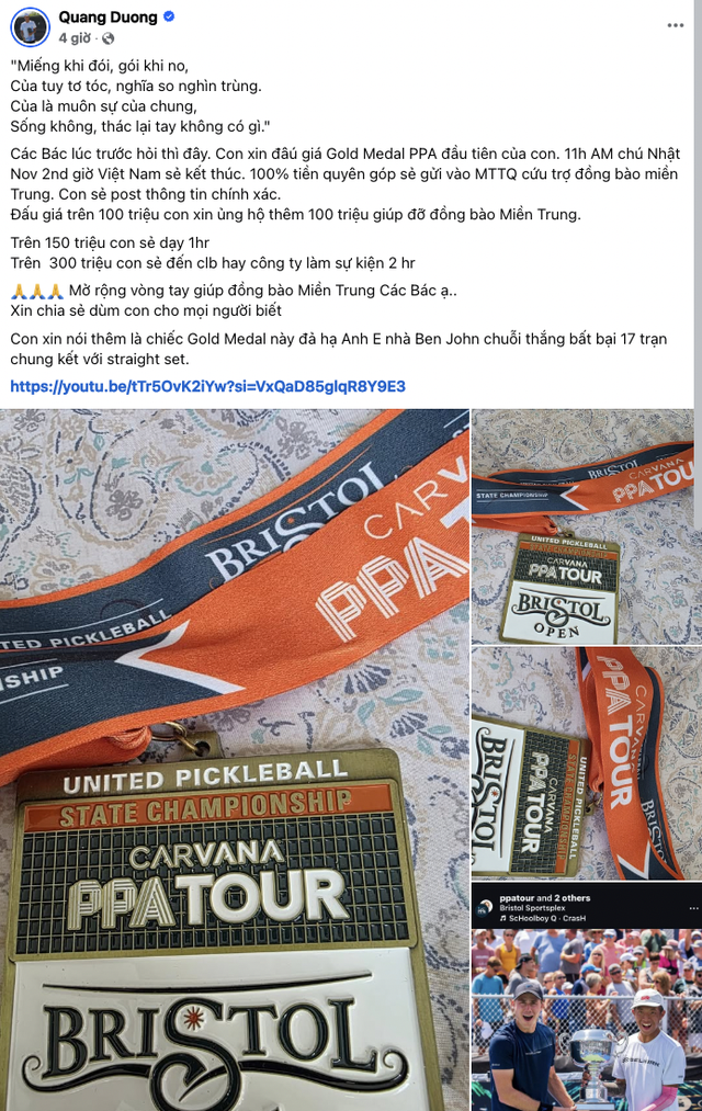 Quang Dương mang huy chương vàng lịch sử ra đấu giá cứu trợ miền Trung: “Miếng khi đói, gói khi no...”- Ảnh 2. Quang Dương mang huy chương vàng lịch sử ra đấu giá cứu trợ miền Trung: “Miếng khi đói, gói khi no...”- Ảnh 2.