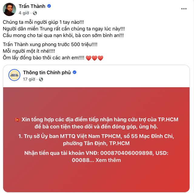 Trấn Thành - HIEUTHUHAI chuyển khoản nóng hàng trăm triệu, Hương Giang vừa về nước liền đến hỗ trợ vùng lũ- Ảnh 1. Trấn Thành - HIEUTHUHAI chuyển khoản nóng hàng trăm triệu, Hương Giang vừa về nước liền đến hỗ trợ vùng lũ- Ảnh 1.