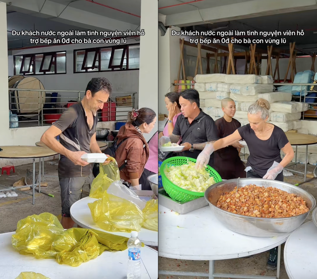 Khách Tây lặng lẽ xếp từng chiếc túi nilon, từng miếng rau của hộp cơm cứu trợ- Ảnh 2.