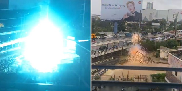 Khoảnh khắc cột điện phát nổ kinh hoàng khi rơi xuống dòng nước lũ- Ảnh 4.