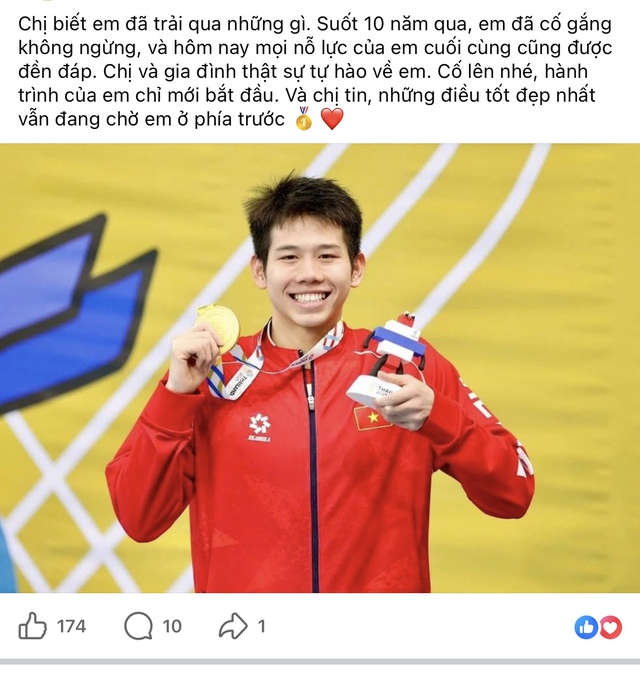 Em trai Quang Thuấn giành HCV SEA Games, Ánh Viên xúc động: "Chị biết em phải trải qua những gì 10 năm qua..."- Ảnh 1. Em trai Quang Thuấn giành HCV SEA Games, Ánh Viên xúc động: "Chị biết em phải trải qua những gì 10 năm qua..."- Ảnh 1.