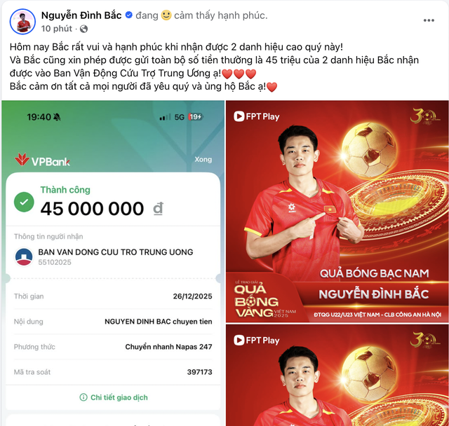 Hotboy Đình Bắc quyên góp toàn bộ tiền thưởng sau khi giành "cú đúp" danh hiệu tại Gala Quả bóng Vàng 2025- Ảnh 2.