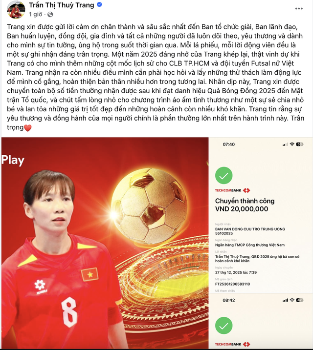 Khép lại drama: Thuỳ Trang lên tiếng sau status ám chỉ Gala Quả bóng vàng "bất công", dành toàn bộ tiền thưởng làm từ thiện- Ảnh 2.