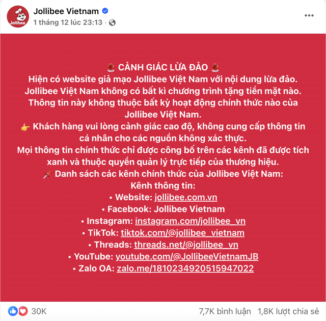 Jollibee Việt Nam cảnh báo lừa đảo nghiêm trọng- Ảnh 1.