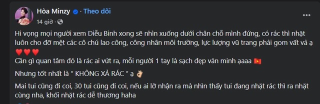 Hòa Minzy xuống đường dọn rác trong tổng duyệt 27/4, Diệu Nhi có lời kêu gọi được cả MXH hưởng ứng- Ảnh 2.
