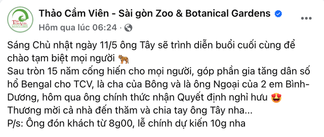 Thảo Cầm Viên bất ngờ thông báo về lần biểu diễn cuối của 1 chú hổ, MXH ngỡ ngàng lo cho "số phận" sau đó- Ảnh 1. Thảo Cầm Viên bất ngờ thông báo về lần biểu diễn cuối của 1 chú hổ, MXH ngỡ ngàng lo cho "số phận" sau đó- Ảnh 1.