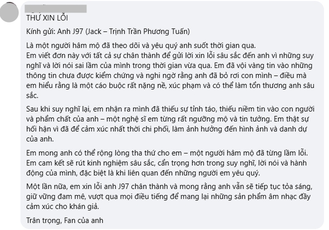 Hàng trăm "thư xin lỗi, đơn làm fan” xuất hiện dưới thông báo Jack kiện Thiên An: Chuyện gì đây?- Ảnh 2.