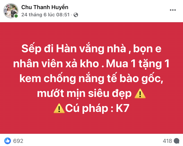 Fanpage Chu Thanh Huyền quảng cáo thổi phồng công dụng: "Trẻ ra chục tuổi", "chống nắng tế bào gốc"?- Ảnh 2. Fanpage Chu Thanh Huyền quảng cáo thổi phồng công dụng: "Trẻ ra chục tuổi", "chống nắng tế bào gốc"?- Ảnh 2.
