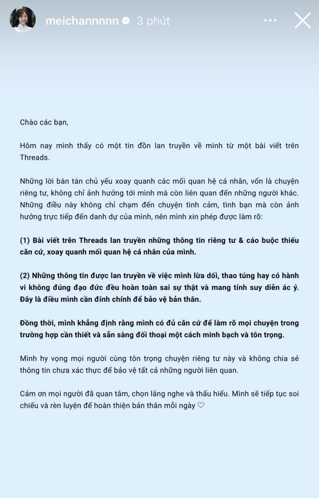 Meichan lên tiếng về tin đồn tình cảm, khẳng định sẵn sàng đối chất- Ảnh 3.