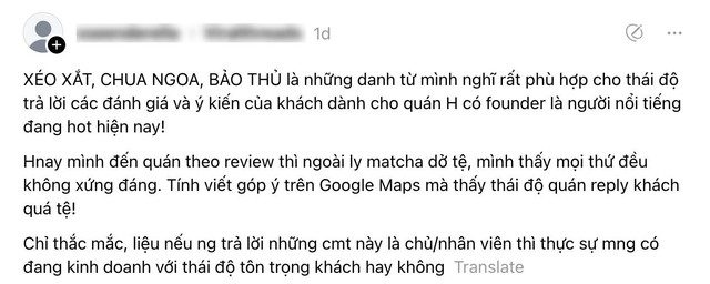 Quán cà phê của Dino Vũ bất ngờ vướng drama về thái độ "xéo xắt" trước các đánh giá của khách hàng- Ảnh 1.