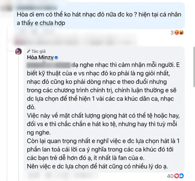 Hòa Minzy thẳng thắn đáp trả khi bị yêu cầu ngưng hát nhạc đỏ- Ảnh 2. Hòa Minzy thẳng thắn đáp trả khi bị yêu cầu ngưng hát nhạc đỏ- Ảnh 2.