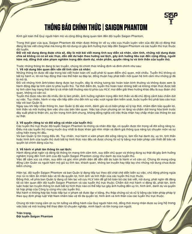 Saigon Phantom chính thức lên tiếng về drama tình cảm của cựu HLV với tuyển thủ- Ảnh 2. Saigon Phantom chính thức lên tiếng về drama tình cảm của cựu HLV với tuyển thủ- Ảnh 2.