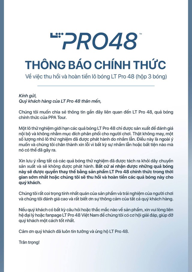 Giữa drama bóng LT Pro 48 "fake", nhà phân phối tại Việt Nam ra thông báo thu hồi và hoàn tiền toàn bộ sản phẩm- Ảnh 1.