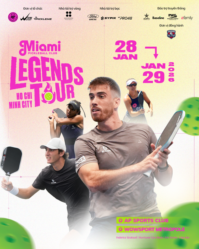 Dàn sao pickleball thế giới hội tụ tại TP.HCM trong Miami Pickleball Club - Legend Tour 2026- Ảnh 1.