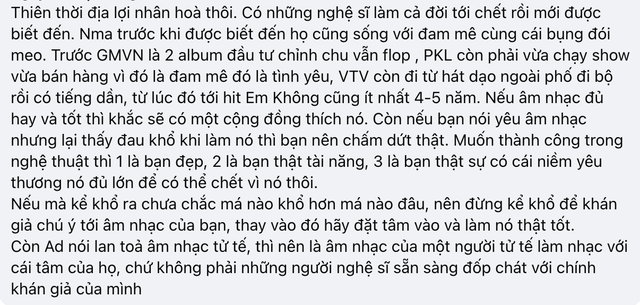 Tranh cãi nam ca sĩ Việt tuyên bố giải nghệ nếu không tạo ra thu nhập, viết gì mà netizen nói “ảo tưởng sức mạnh"- Ảnh 5. Tranh cãi nam ca sĩ Việt tuyên bố giải nghệ nếu không tạo ra thu nhập, viết gì mà netizen nói “ảo tưởng sức mạnh"- Ảnh 5.