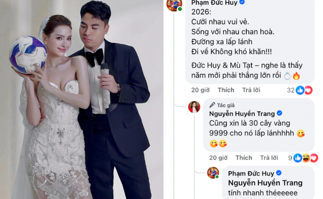 MC Huyền Trang Mù Tạt tung ảnh cưới cùng tuyển thủ Việt Nam ngay năm mới, còn "xin nhẹ" 30 cây vàng 9999 gây choáng - Ảnh 1.