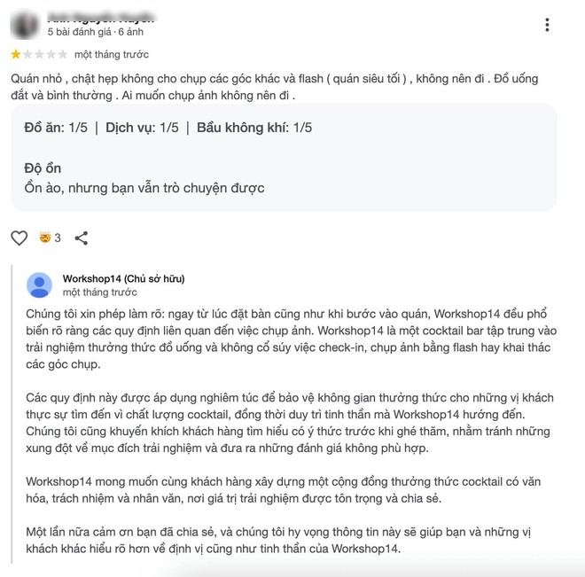 "Không được chụp ảnh" nên khách review 1 sao, quán rượu Hà Nội đáp trả: Chúng tôi không phù hợp với nhu cầu các bạn- Ảnh 2. "Không được chụp ảnh" nên khách review 1 sao, quán rượu Hà Nội đáp trả: Chúng tôi không phù hợp với nhu cầu các bạn- Ảnh 2.
