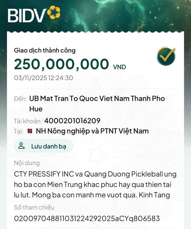 Quang Dương pickleball “chốt” hơn 800 triệu ủng hộ miền Trung lũ lụt, nhắn một lời giản dị khiến ai cũng xúc động- Ảnh 1.