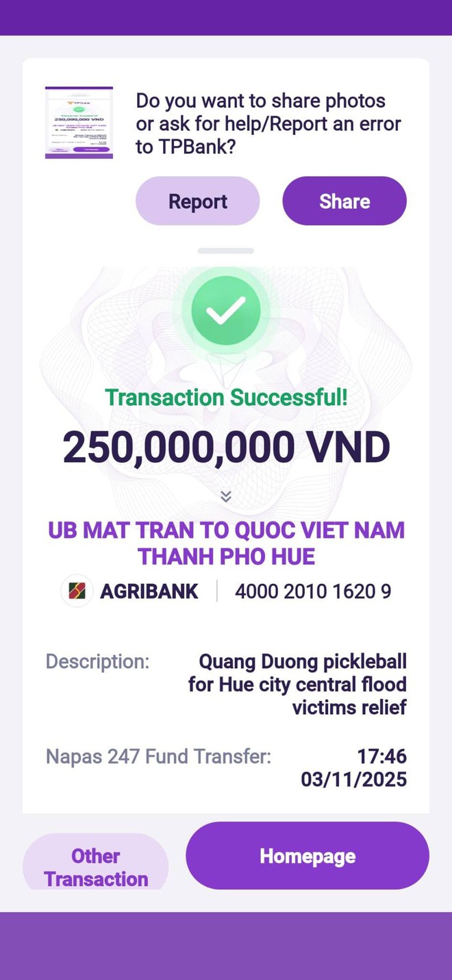 Quang Dương pickleball “chốt” hơn 800 triệu ủng hộ miền Trung lũ lụt, nhắn một lời giản dị khiến ai cũng xúc động- Ảnh 2.