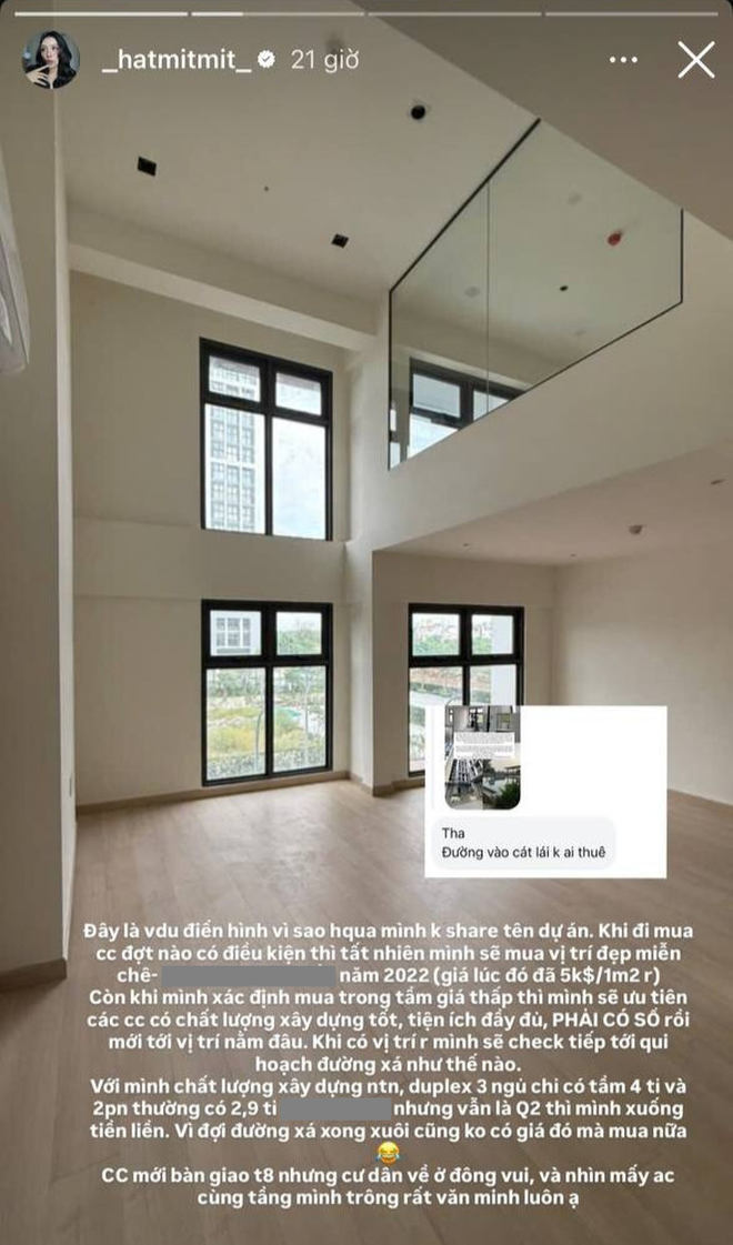 Khoe mới mua thêm căn duplex, bị chê “đường xấu không ai thuê”: Bà chủ Hạt Mít thẳng thắn đáp trả- Ảnh 3.